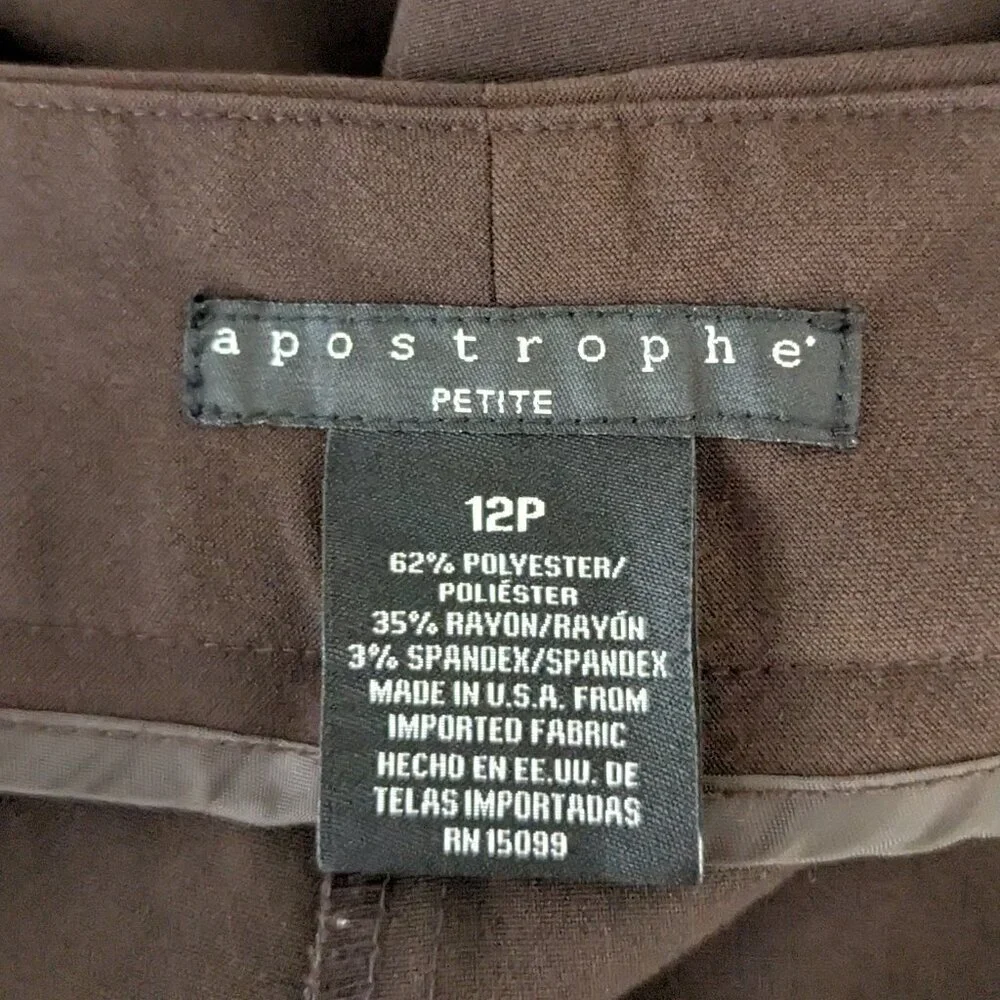 APOSTROPHE Brown Mid-Rise Front Zip Stretch Poly Career Pants; Size 12P